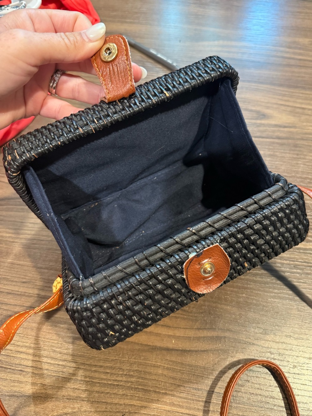 Black Wood Woven Crossbody Bag with Brown Faux-Leather Trim